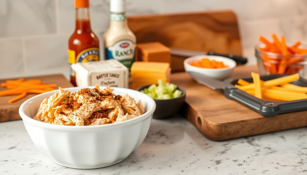Buffalo chicken dip ingredients arranged on a kitchen counter Buffalo chicken dip ingredients arranged on a kitchen counter