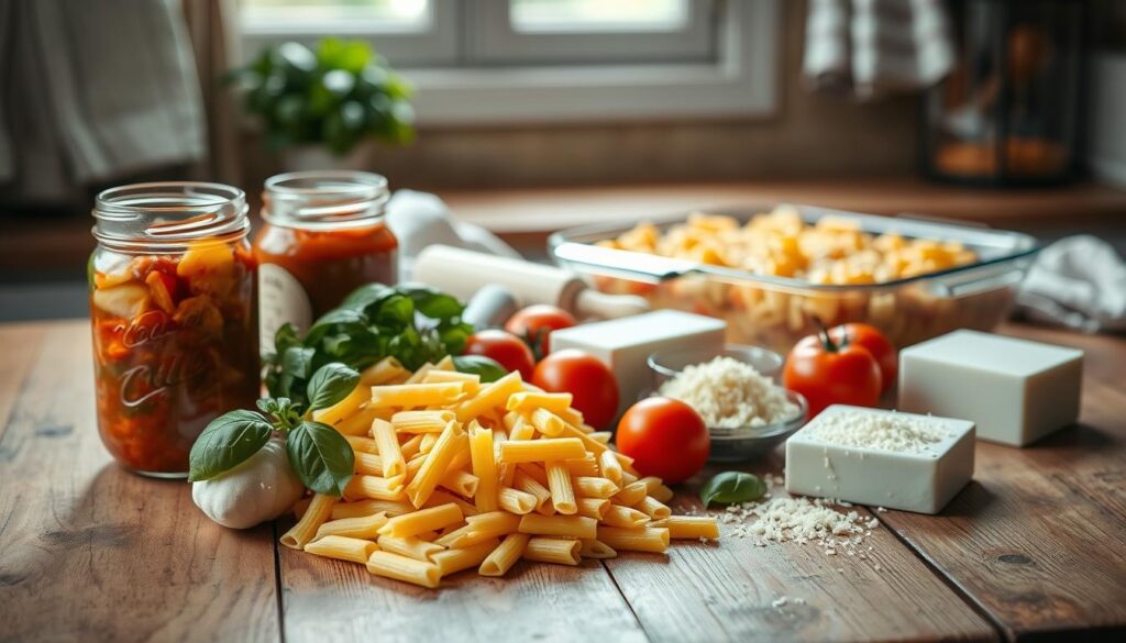 Classic baked ziti ingredients arranged on a kitchen counter Classic baked ziti ingredients arranged on a kitchen counter