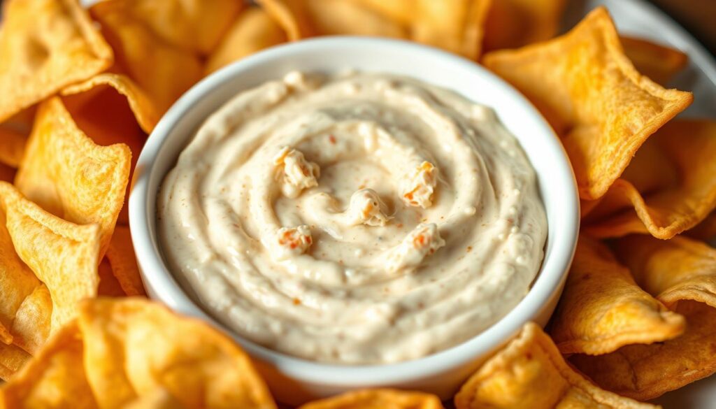 Creamy crab dip with wonton chips Creamy crab dip with wonton chips