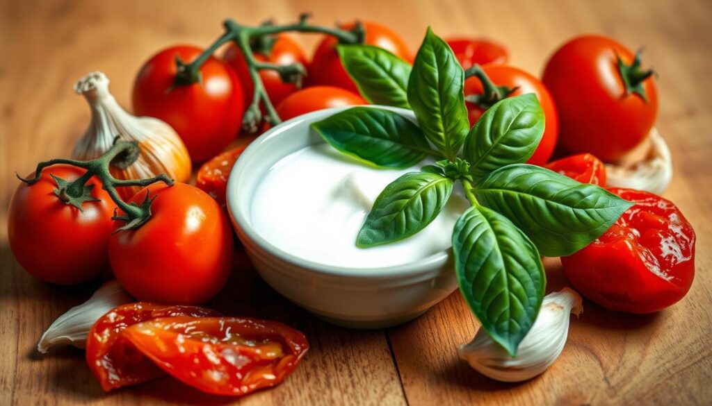 Sun-dried tomatoes and cream sauce ingredients Sun-dried tomatoes and cream sauce ingredients
