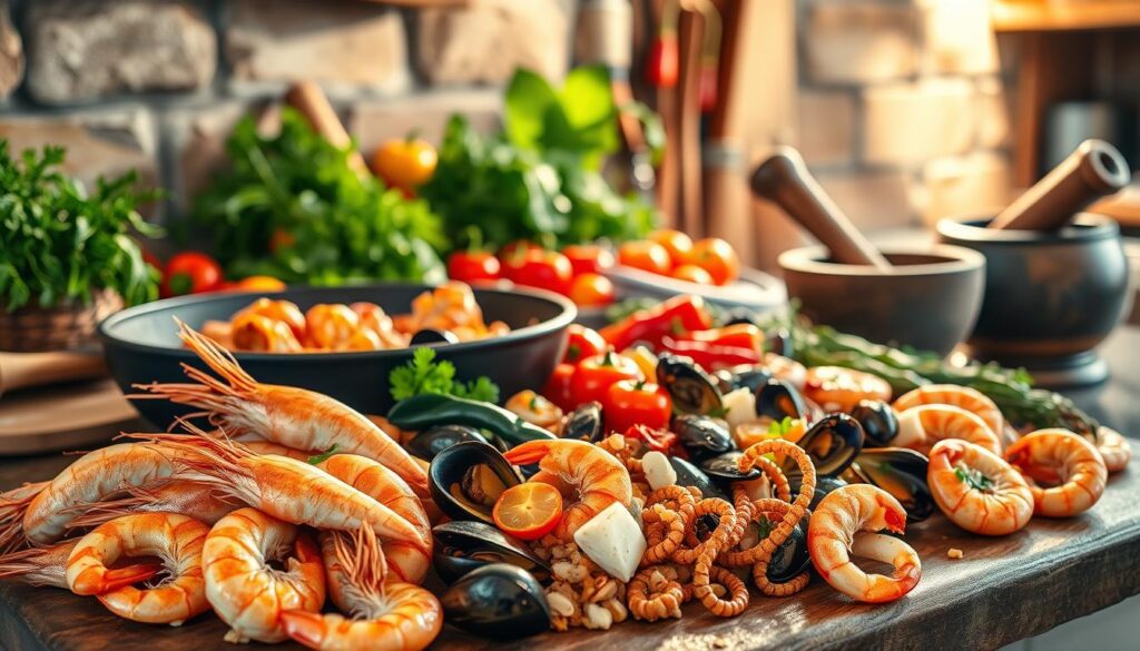 Traditional Spanish seafood ingredients and cooking tools Traditional Spanish seafood ingredients and cooking tools