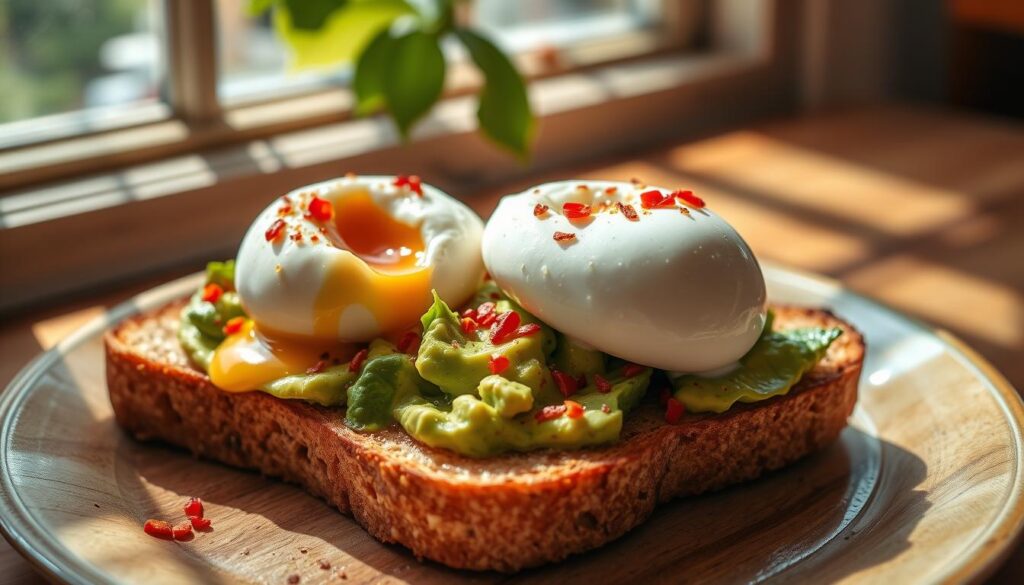 avocado toast with chili flakes and eggs avocado toast with chili flakes and eggs