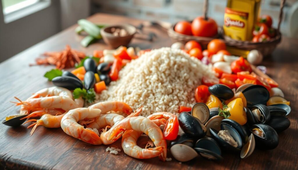 paella ingredients arranged on a wooden table paella ingredients arranged on a wooden table