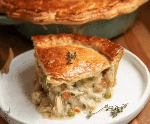 Savory leftover turkey pot pie with a golden crust served steaming hot.