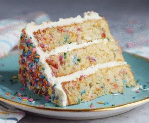 Delicious and colorful homemade Not-So-Perfect Funfetti Cake with sprinkles and vibrant frosting