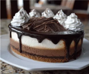 Delicious Tuxedo Cheesecake with rich chocolate and creamy vanilla layers, garnished with elegant chocolate decorations.