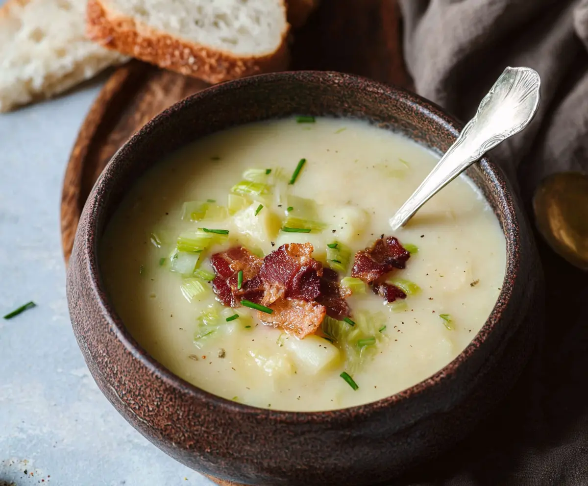 Creamy Potato Leek Soup with Crispy Bacon