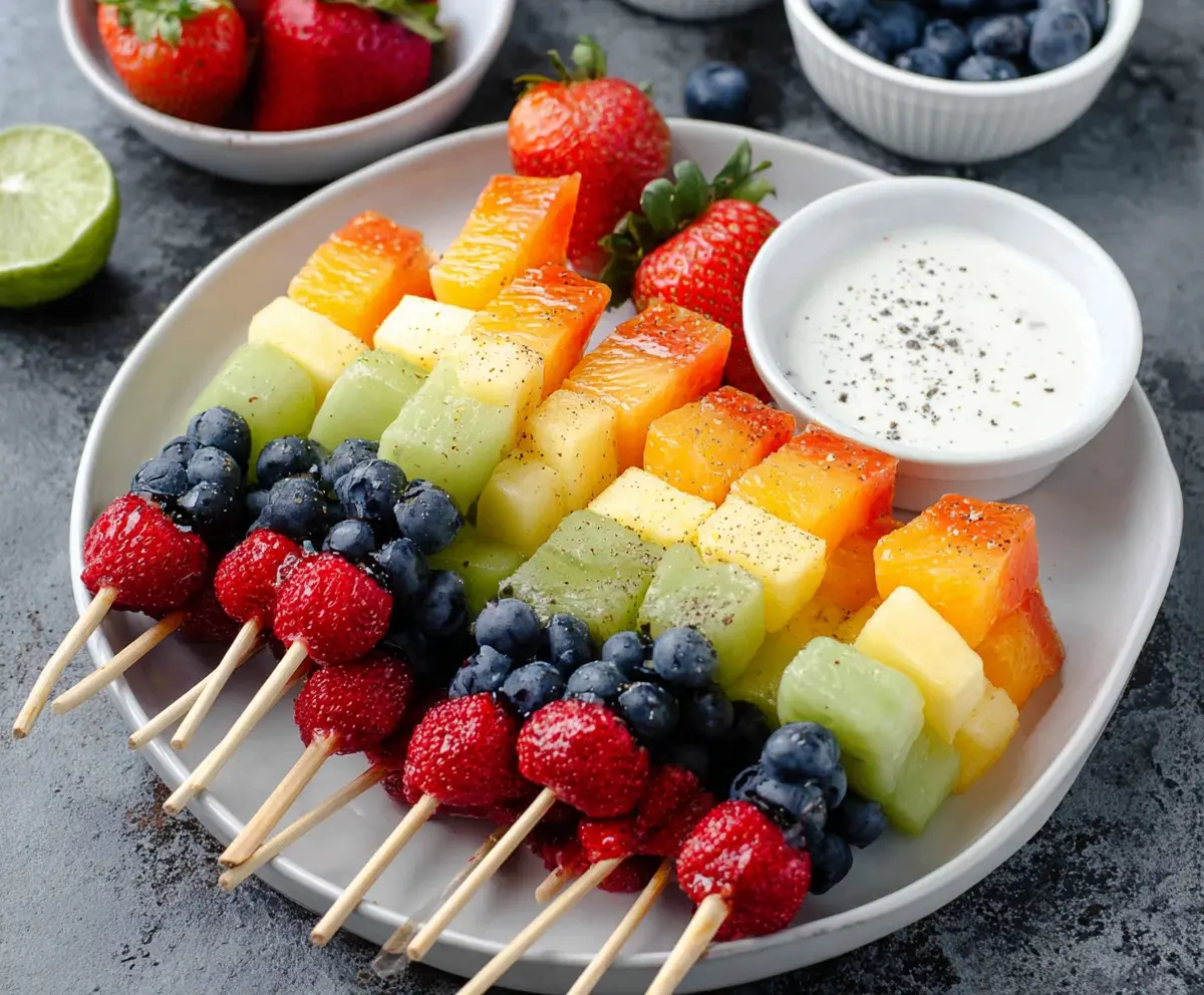 Colorful Rainbow Fruit Skewers with Honey Lime Dip