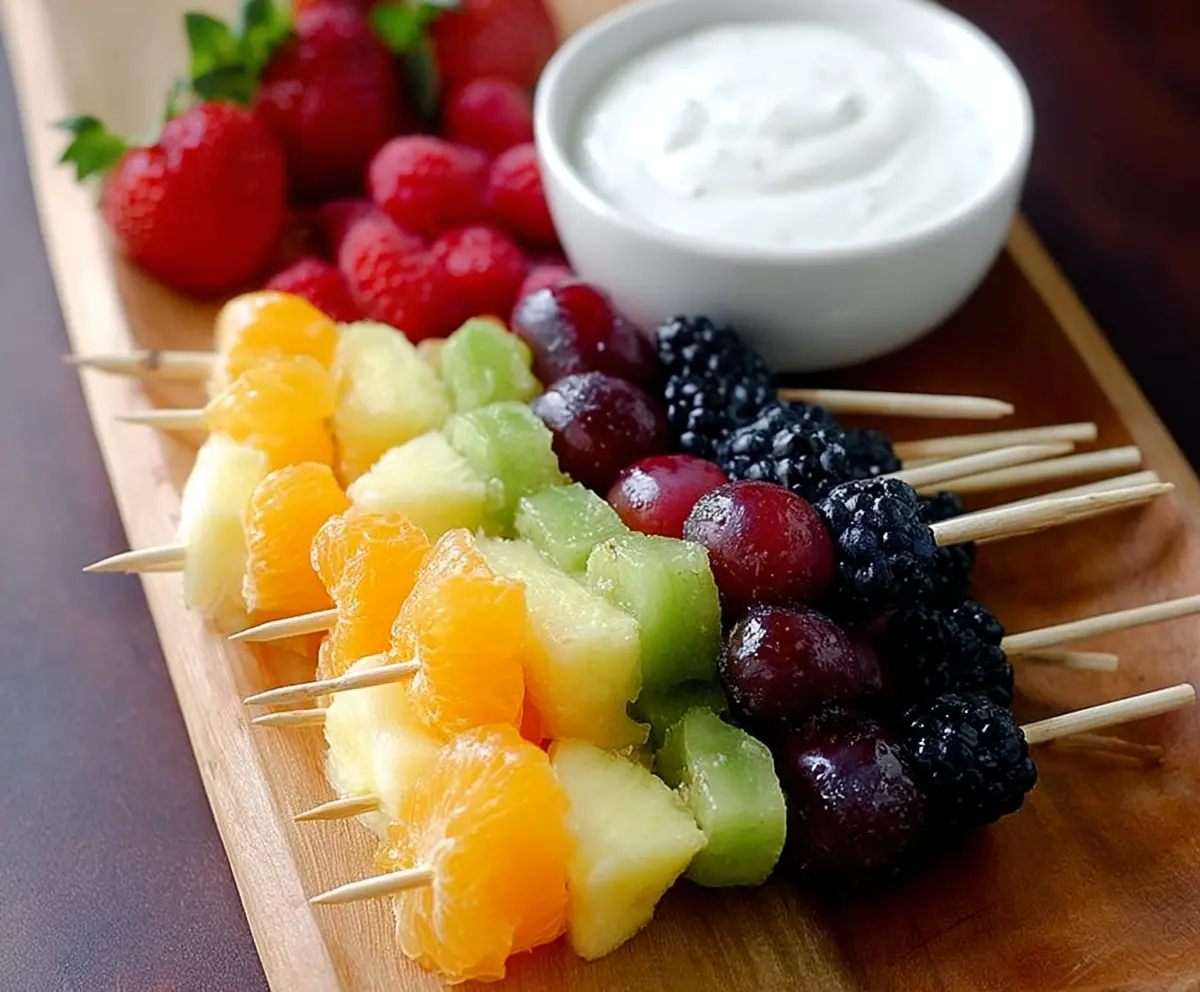 Colorful Rainbow Fruit Skewers with Honey Lime Dip