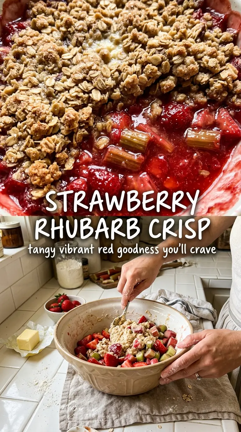 strawberry rhubarb crisp, golden topping, baked fruit
