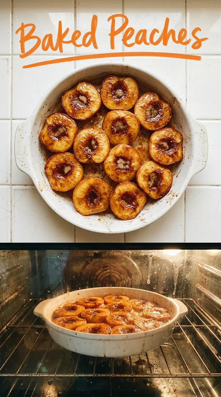 Baked Peaches with caramelized cinnamon, brown sugar, and warm fruit