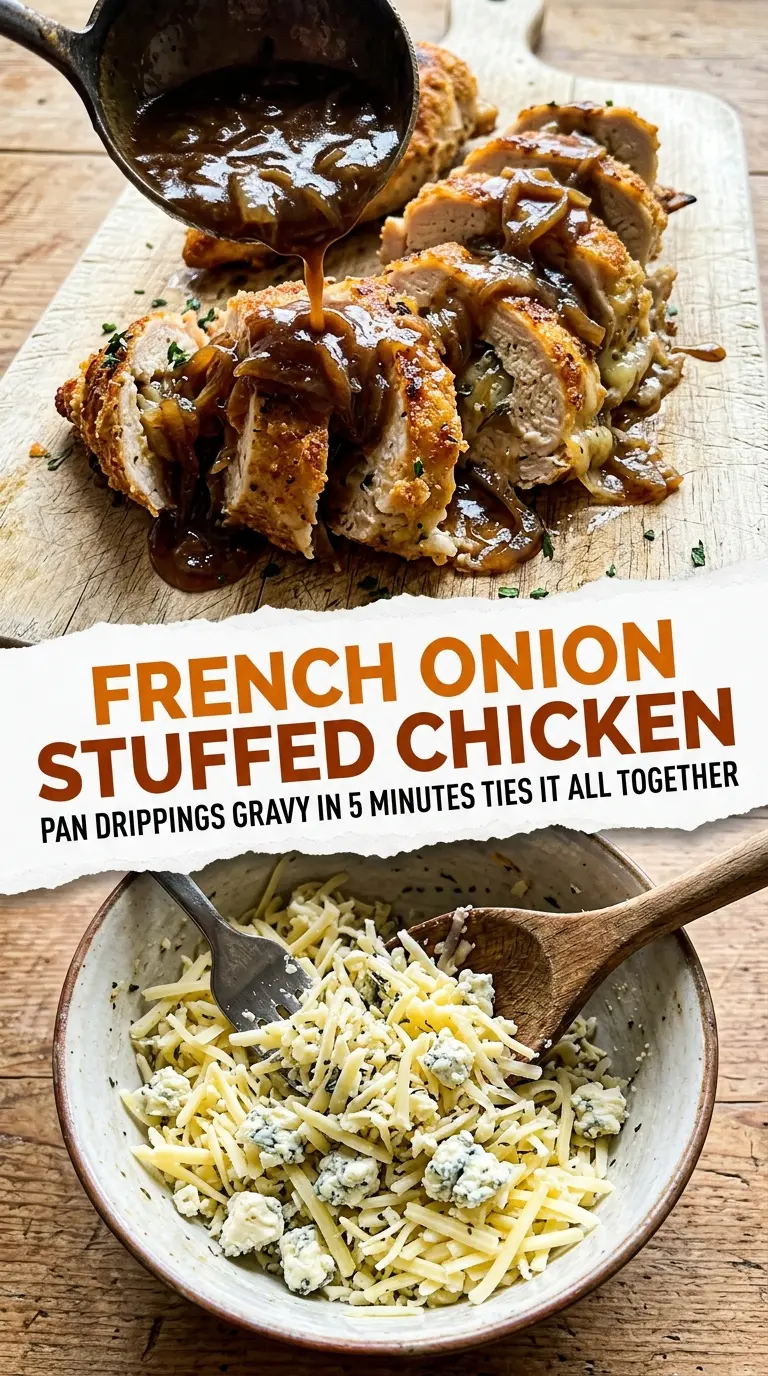 French Onion Stuffed Chicken caramelized onions, cheesy filling, pan gravy