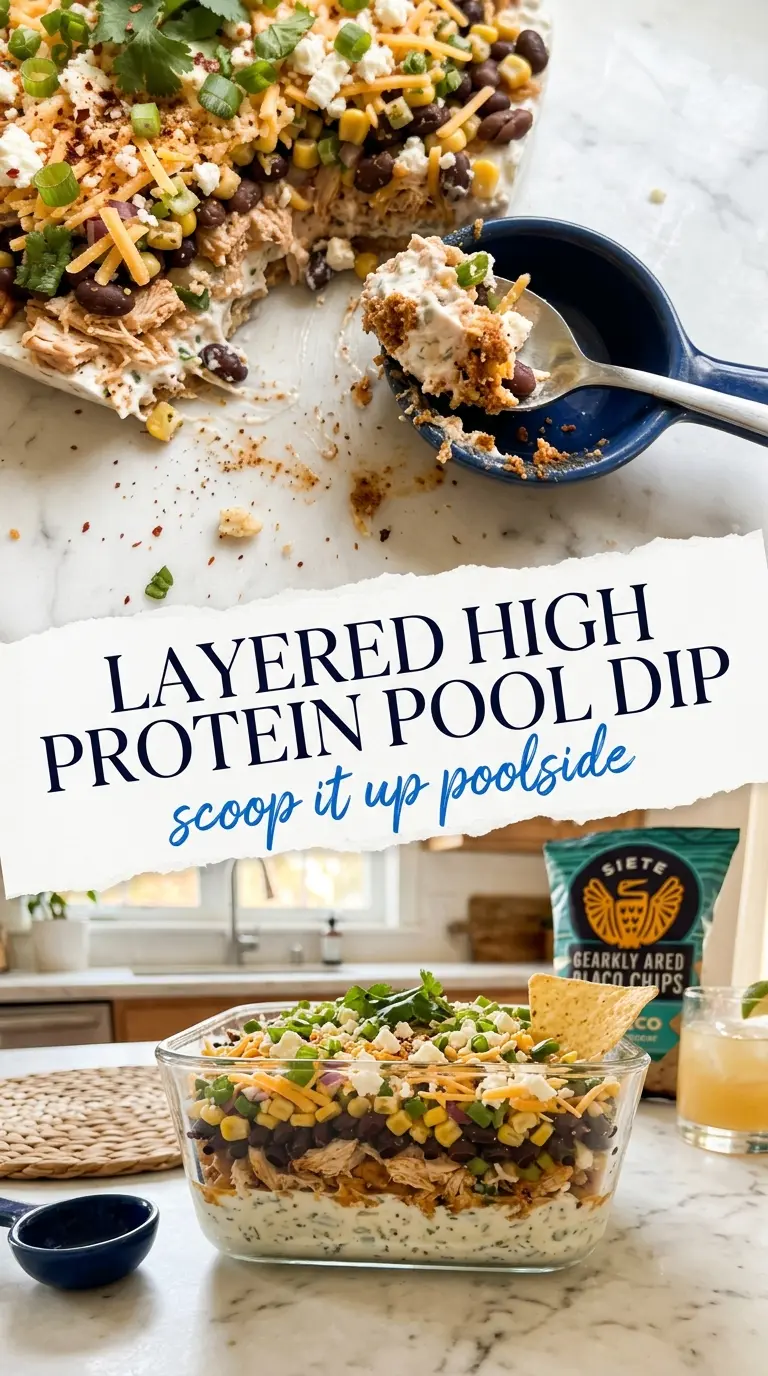Layered High-Protein Pool Dip creamy blue veggie-topped
