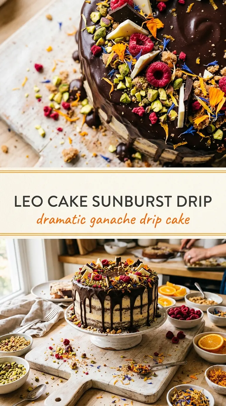 Leo Birthday Cake with Sunburst Drip golden orange ganache