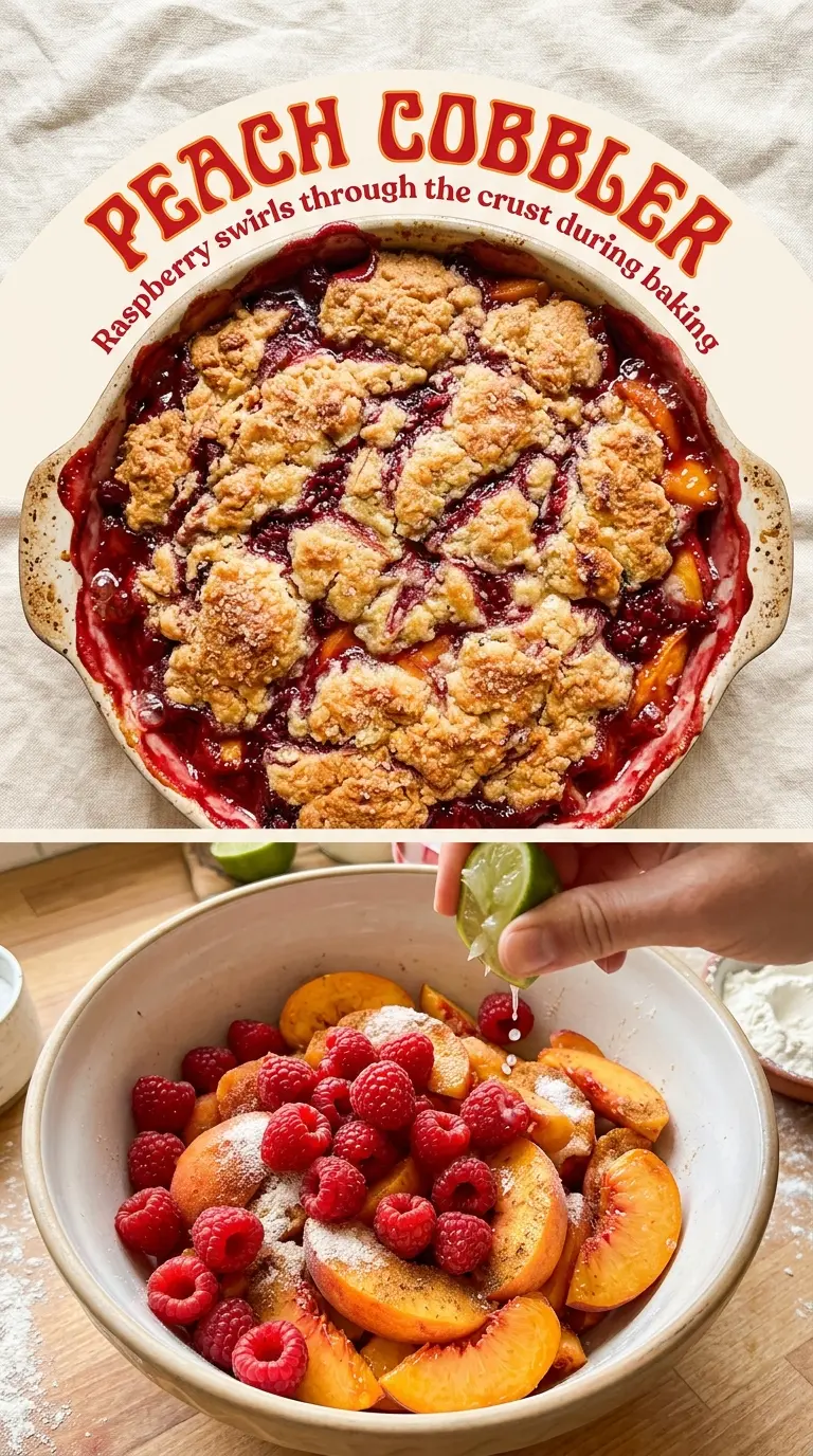 Peach Cobbler with Raspberries juicy, golden, buttery
