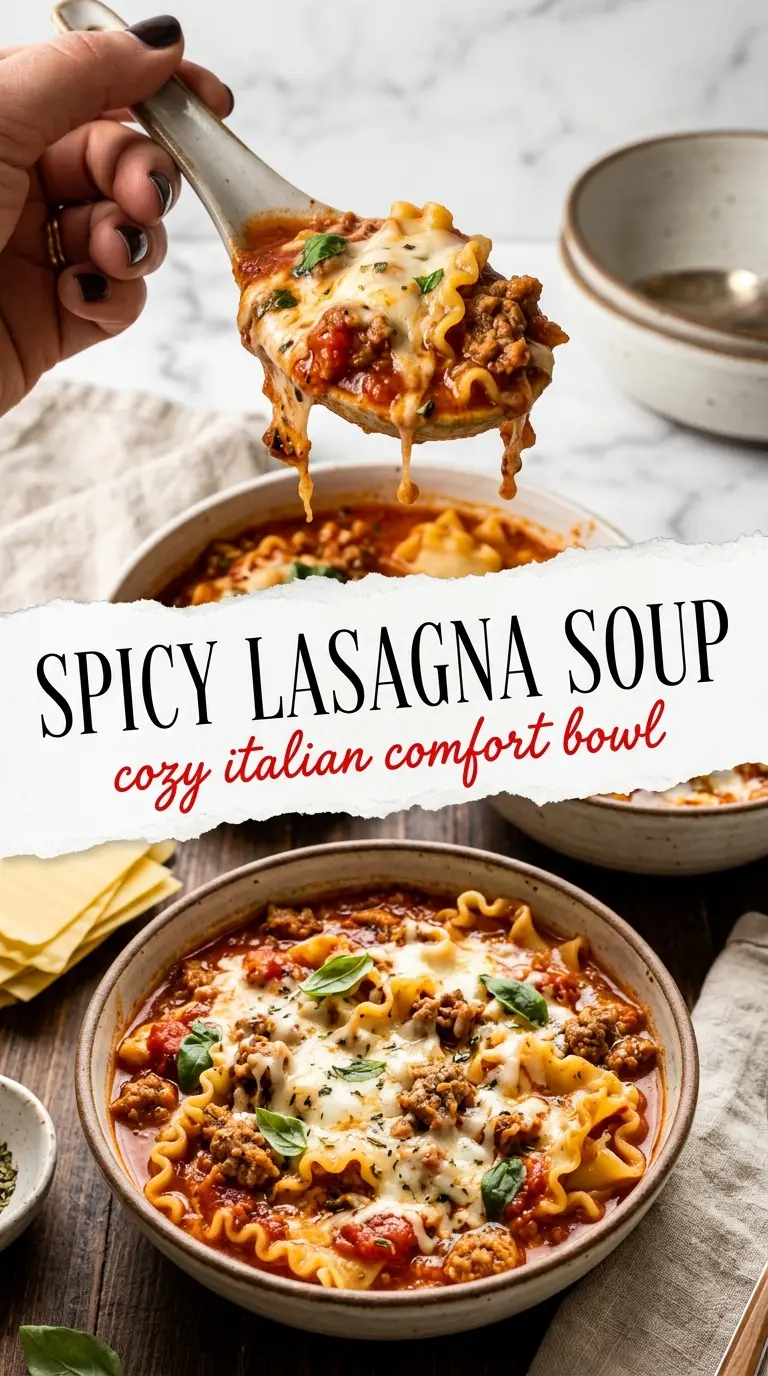 Spicy Lasagna Soup, rich tomato broth, creamy ricotta