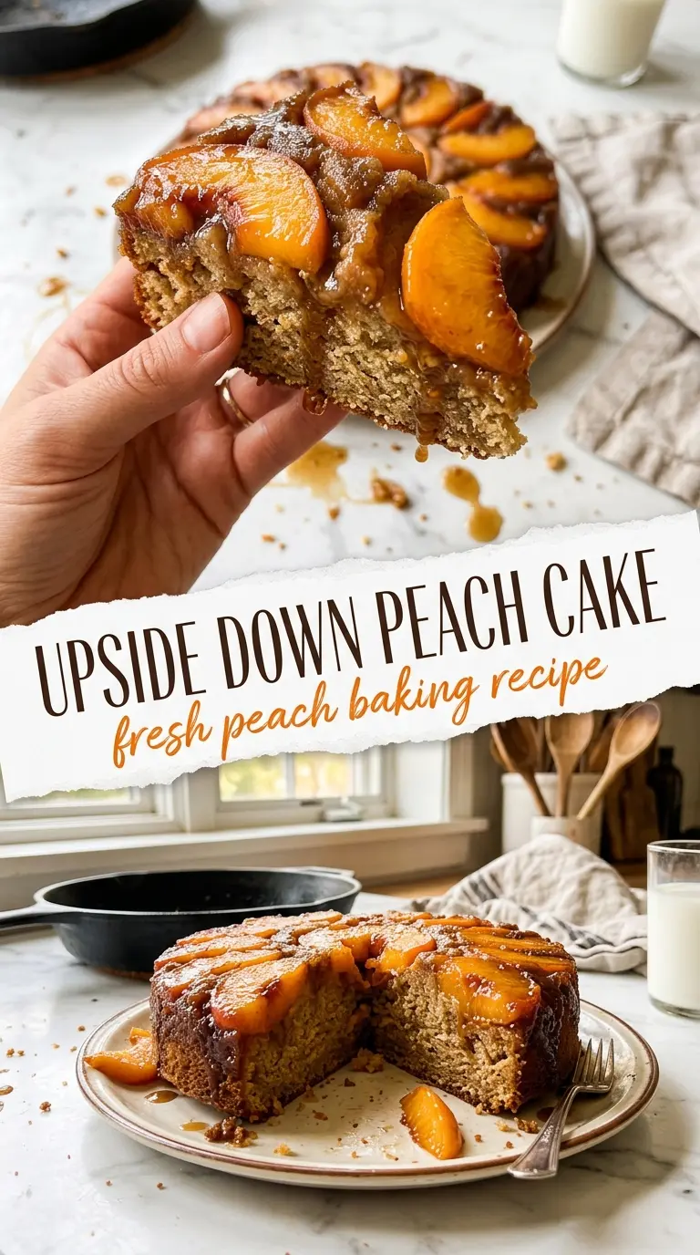 Upside Down Peach Cake glossy caramel peaches