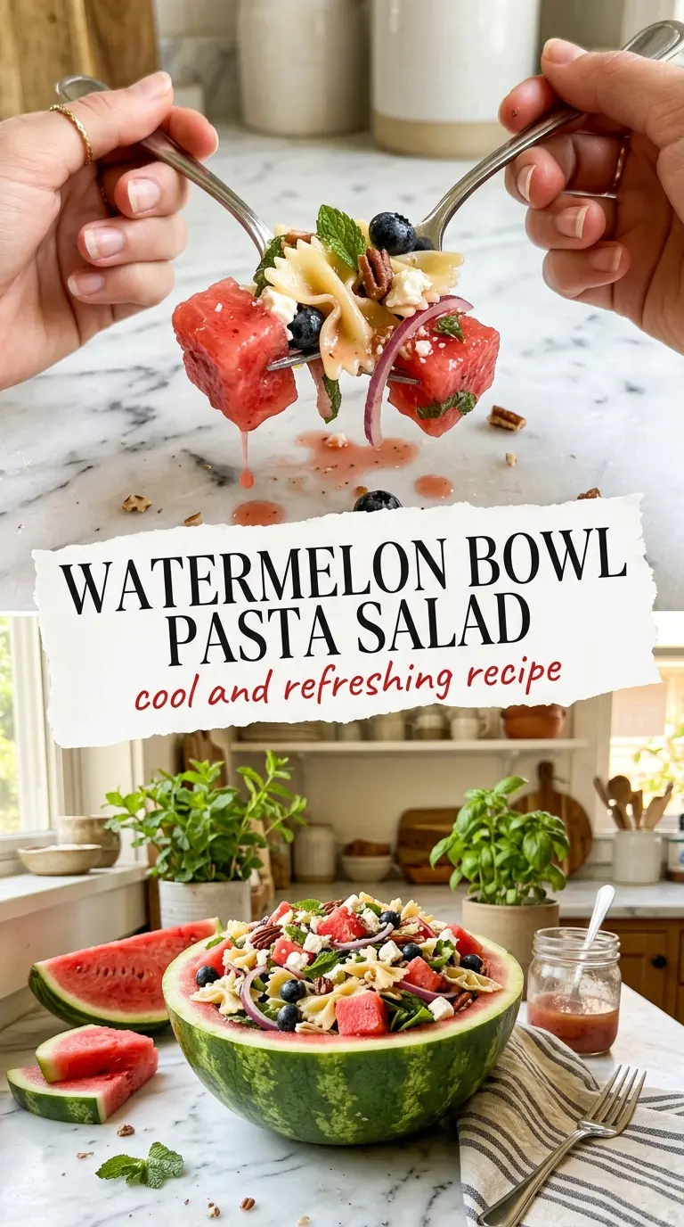 Watermelon Bowl Greek Pasta Salad bright, juicy, chilled