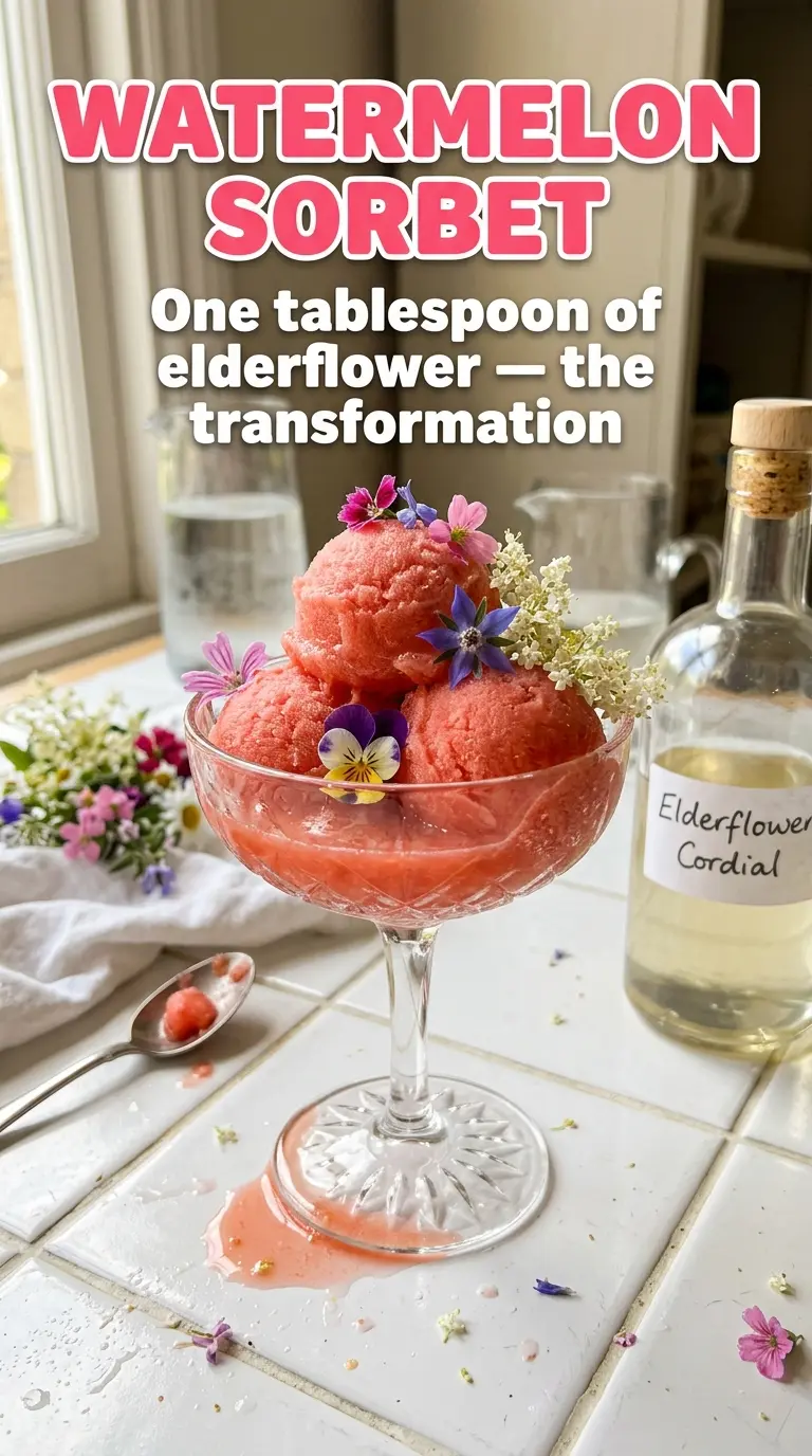 Watermelon sorbet with elderflower floral, icy