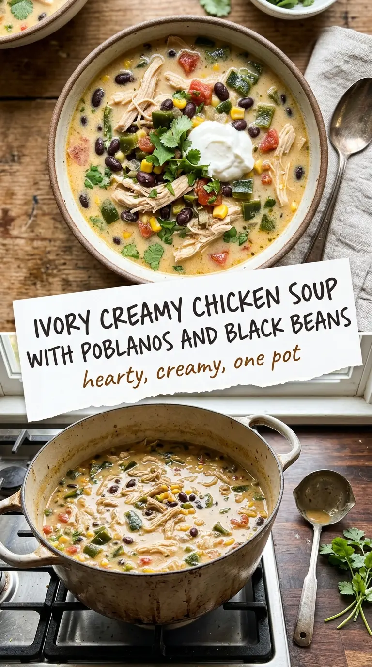 Creamy chicken soup with poblanos and black beans, smoky, hearty