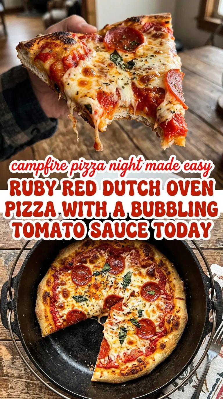 Dutch oven pizza bubbling cheesy campfire