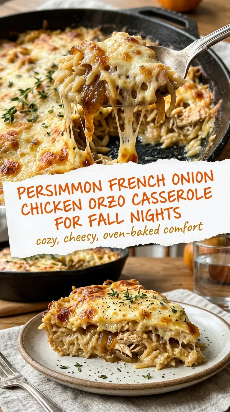 French Onion Chicken Orzo Casserole bubbly cheesy caramelized onions