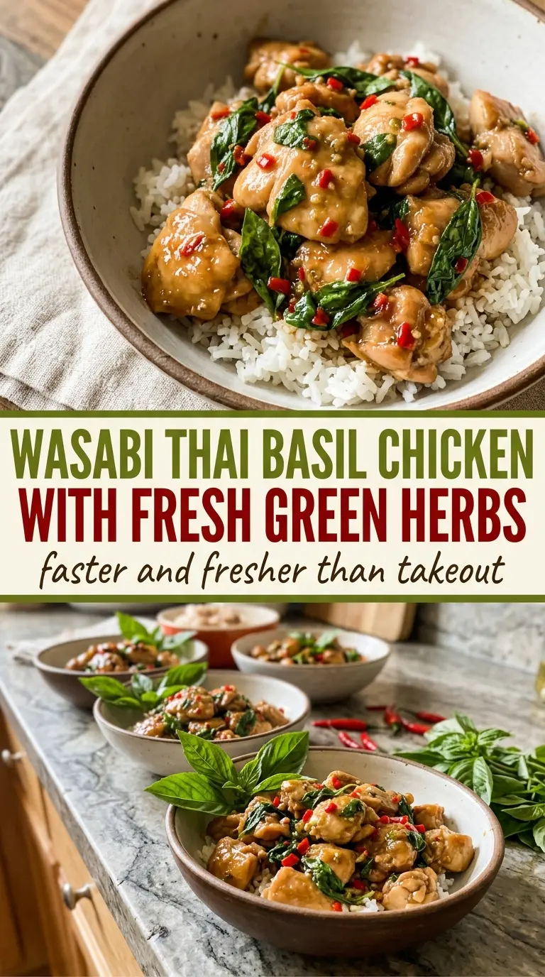 Chicken with Thai basil, stir-fried, glossy sauce