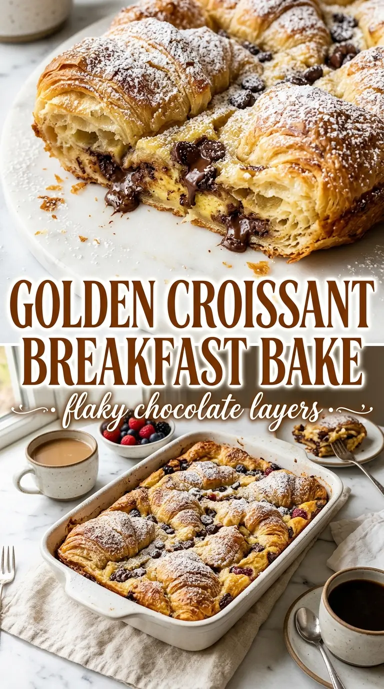 Chocolate Croissant Breakfast Bake, custardy, chocolatey, golden