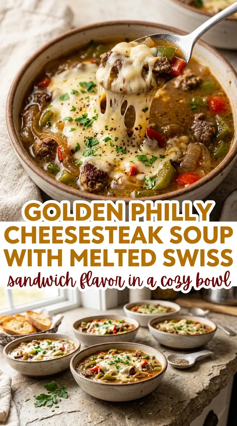 Creamy Philly Cheesesteak Soup cheesy steak, peppers, mushrooms