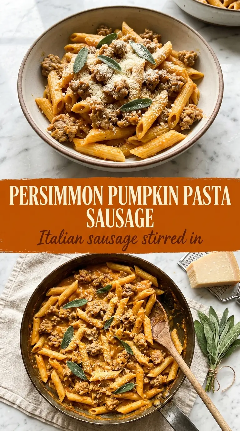 Creamy pumpkin pasta with Italian sausage, cozy, savory, velvety
