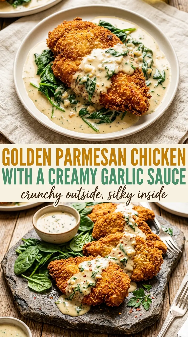 Crispy Parmesan Chicken With Creamy Garlic Sauce, creamy, golden, spinach-studded