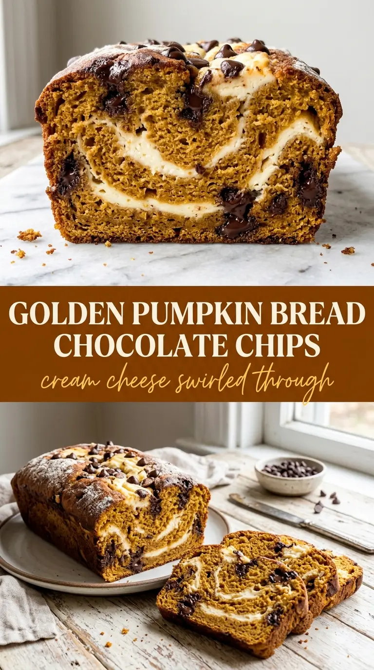 Pumpkin Chocolate Chip Bread With Cream Cheese Swirls pumpkin, chocolate, marbled