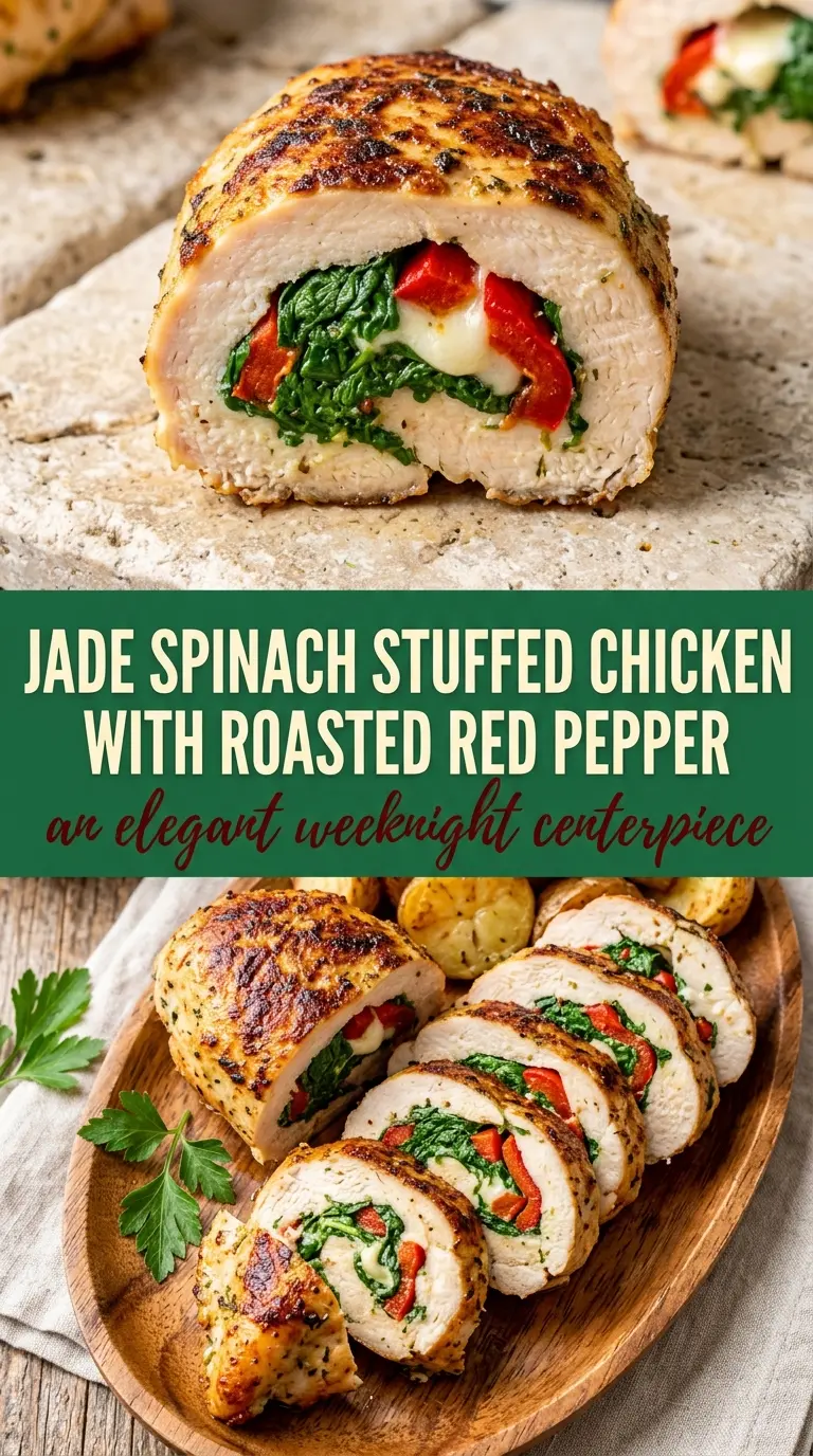 Roasted red pepper spinach and mozzarella stuffed chicken, golden, juicy, cheesy