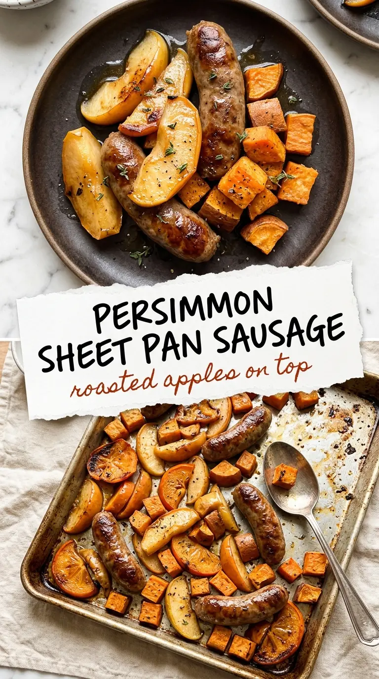Sheet pan sausage with apples and sweet potatoes, roasted, caramelized, savory-sweet